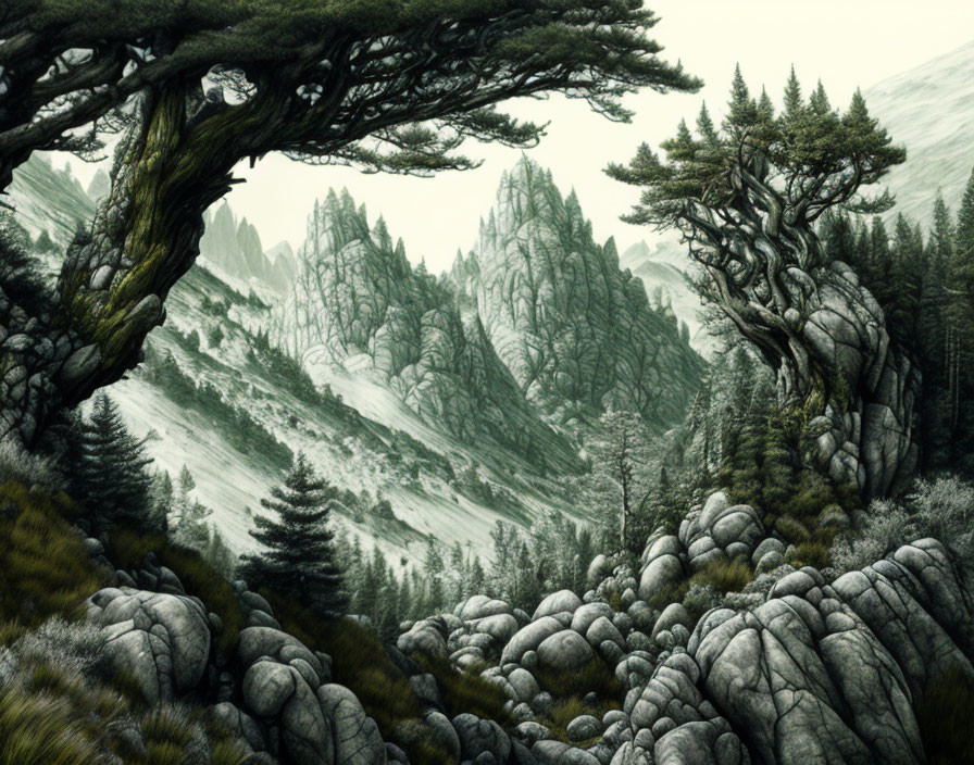 Ancient Trees and Mountains in Tranquil Forest