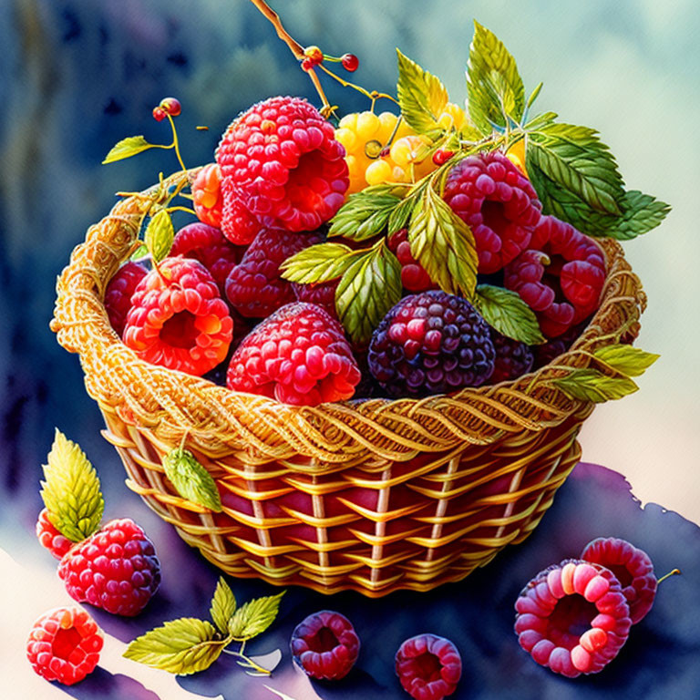 Colorful Basket with Ripe Raspberries and Yellow Berries on Green Leaves