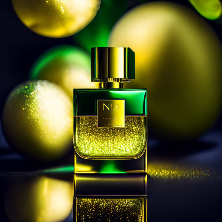 Shimmering perfume bottle with glowing liquid and reflective cap on green and yellow orbs background