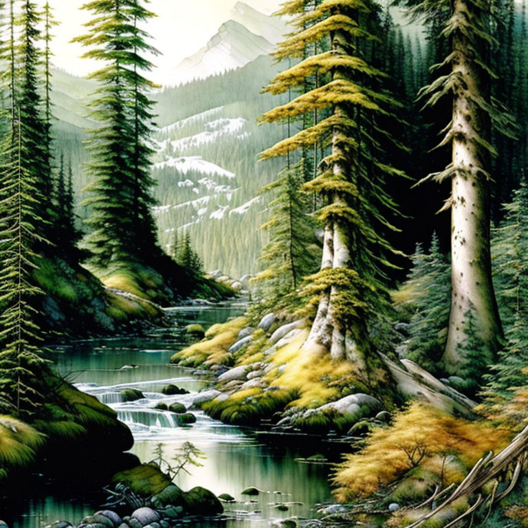 Tranquil forest scene with waterfall, river, and mountains