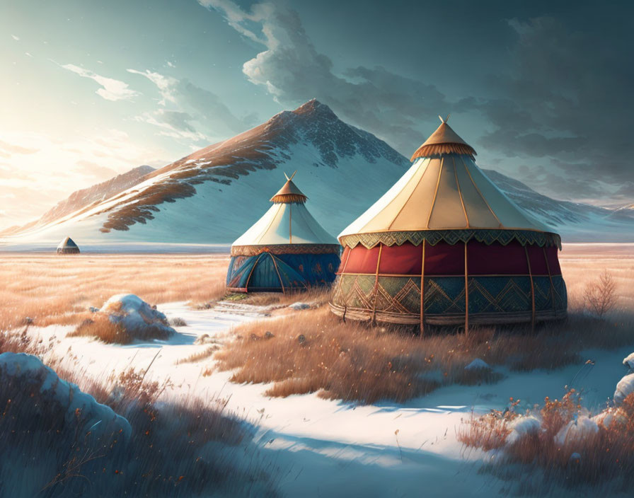 Traditional Yurts in Snowy Landscape with Distant Mountains