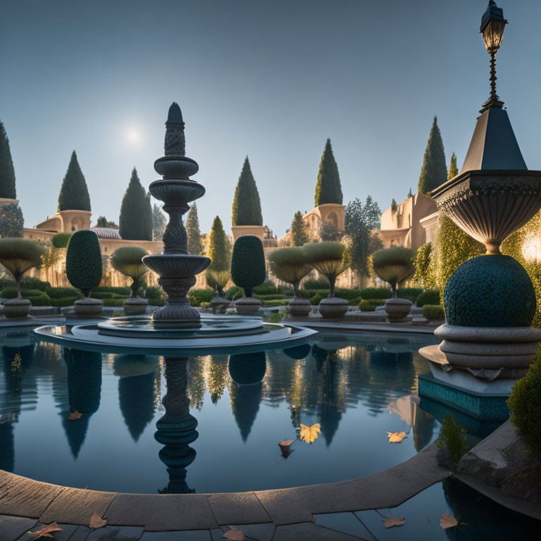 Symmetrical Garden with Multi-Tiered Fountain and Reflective Pool