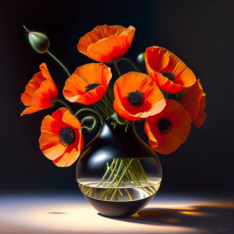 Red poppies in glossy vase against dark background