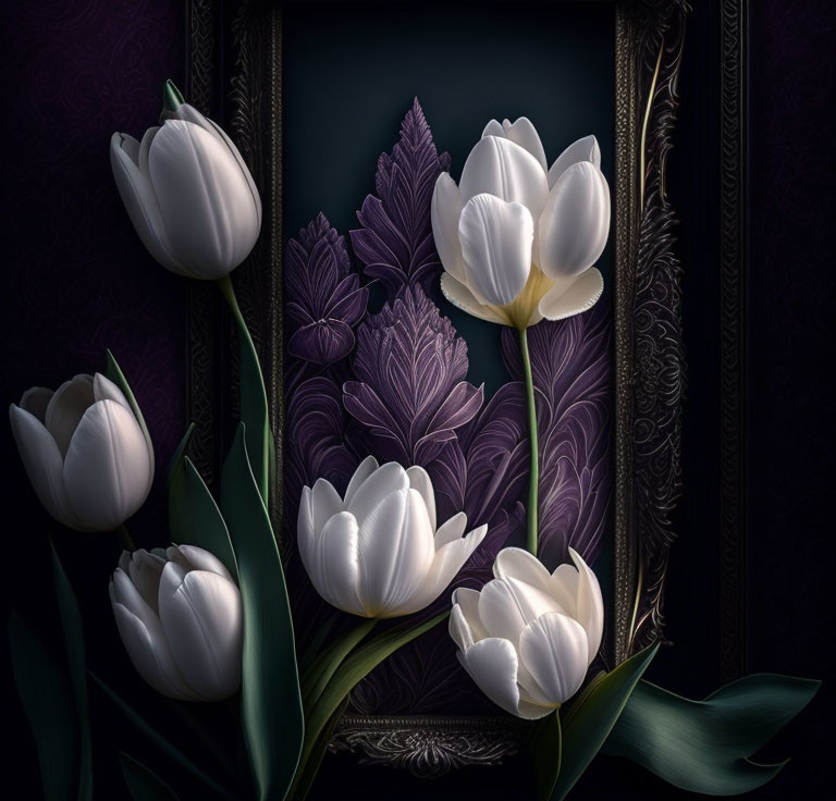 White and Purple Tulips on Dark Ornate Background