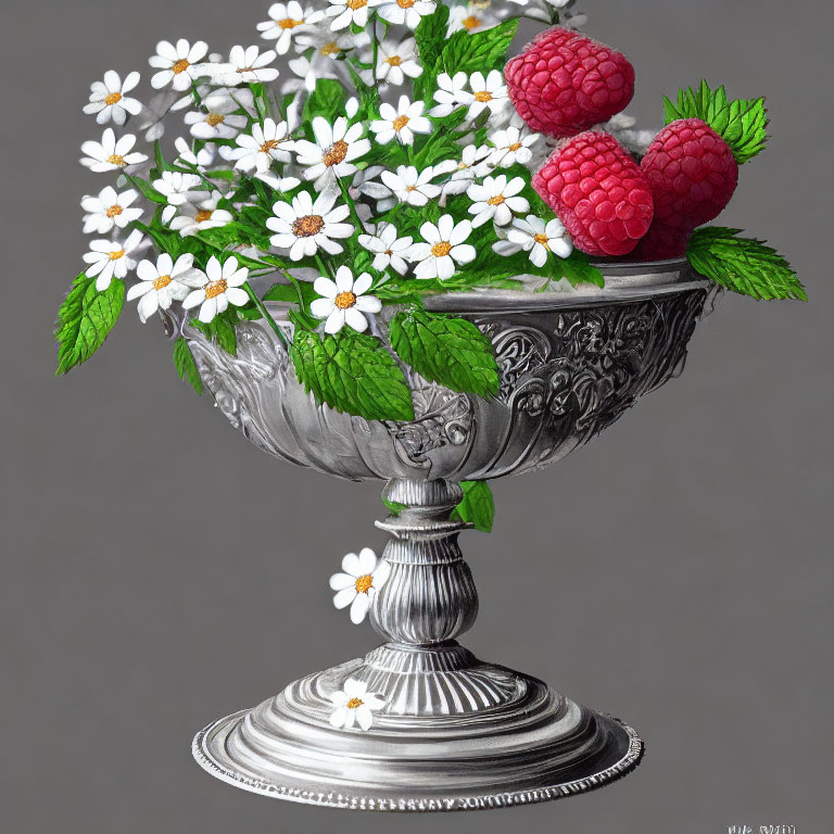 Silver goblet with daisies and raspberries on gray background