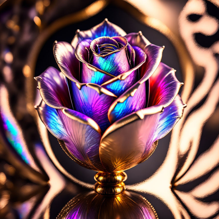 Iridescent metallic rose on dark background with golden patterns