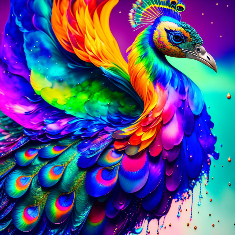 Colorful Peacock Displaying Vibrant Feathers on Magenta Background