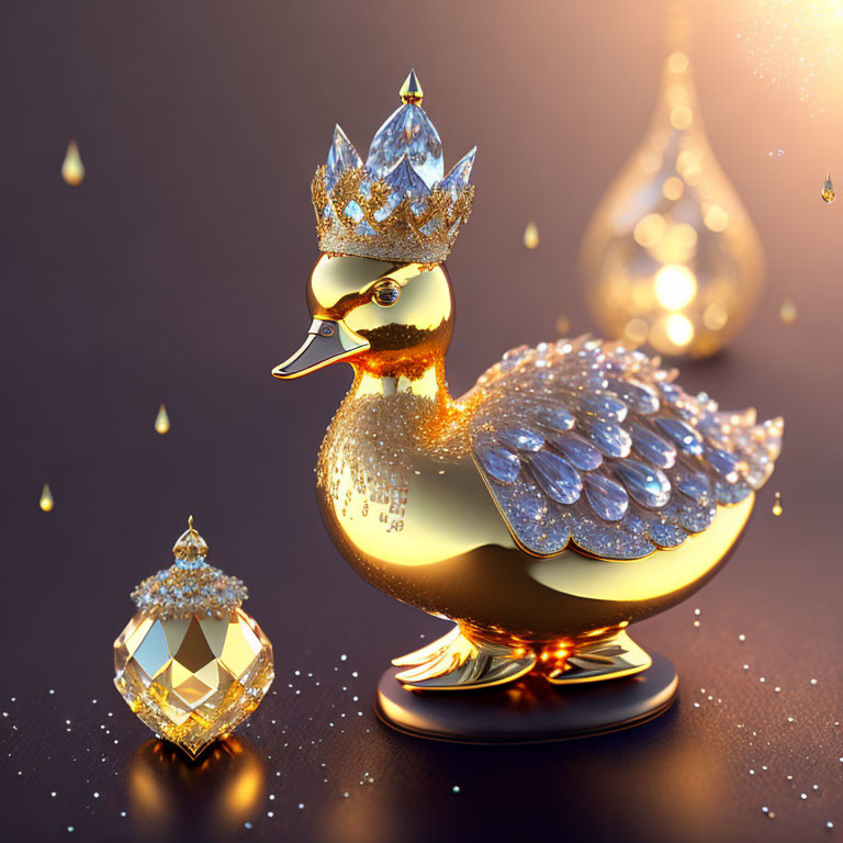 Golden Bejeweled Duck Figurine with Crown on Reflective Surface