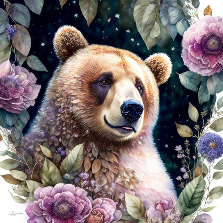 Bear surrounded by purple flowers in starry night scene