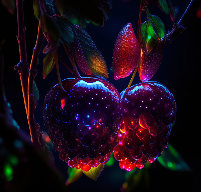 Vibrant cherries and leaves against dark background with colorful lights