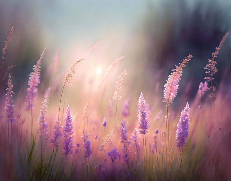 Purple Flowers in Soft-focus Background with Warm Sunlight