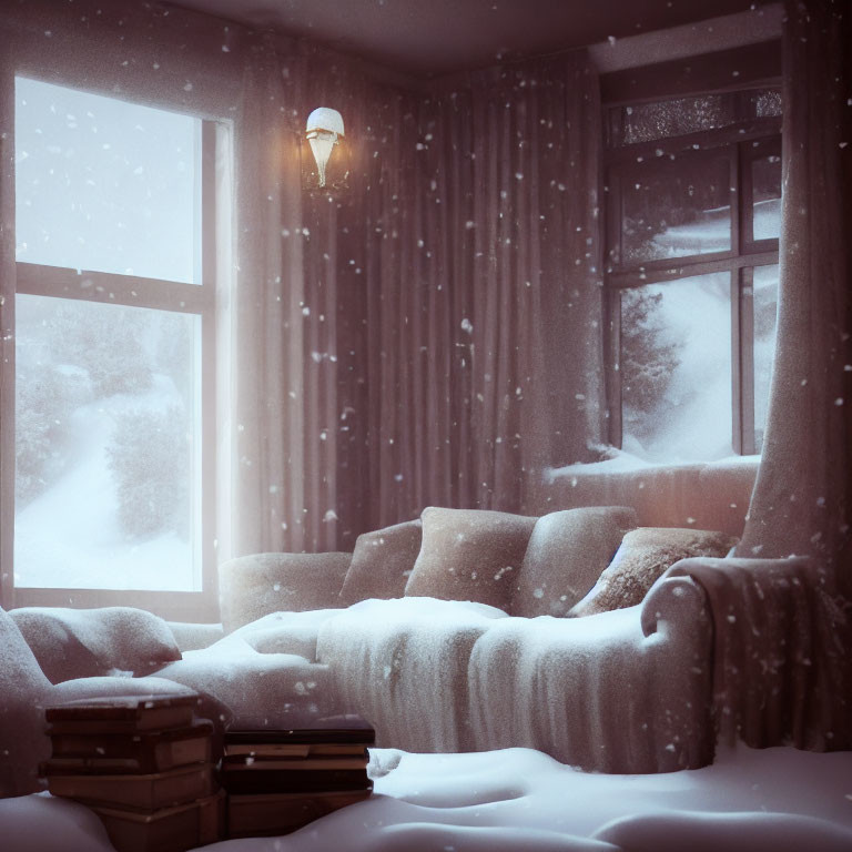 Snow-covered sofa, books, lamp, and snowy view in cozy room