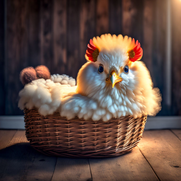 White Chick with Orange and Yellow Feathers in Woven Basket