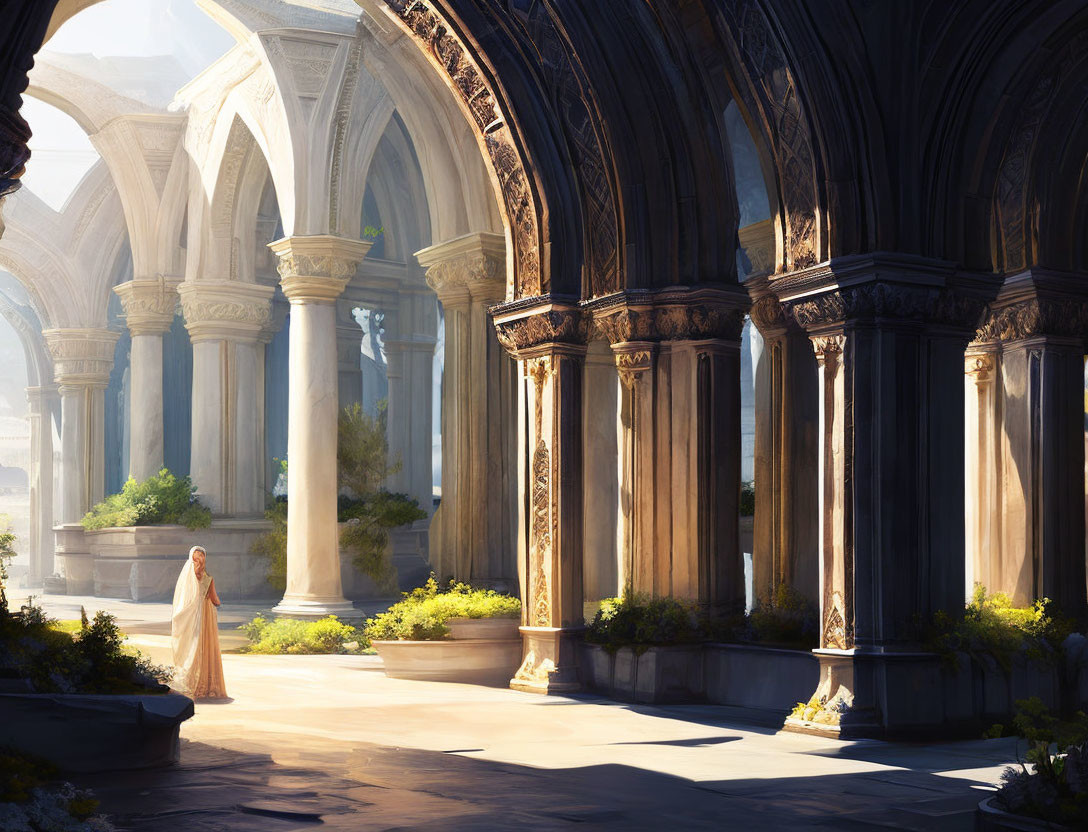 Sunlit Columns and Shadowed Arches in Serene Cloister with Lone Figure and Lush Green