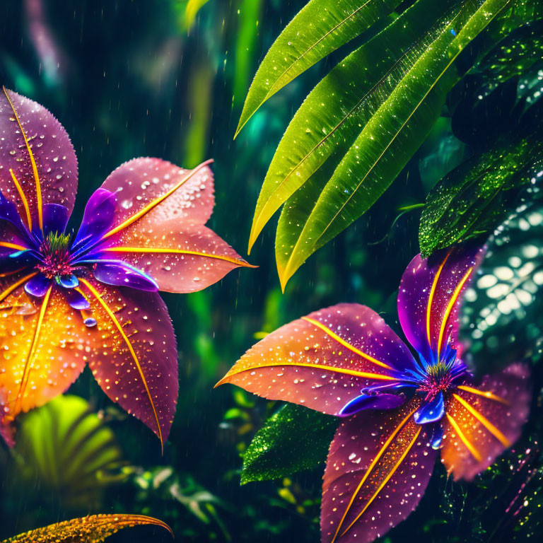 Colorful Flowers with Purple and Blue Hues and Raindrops in Rainy Setting