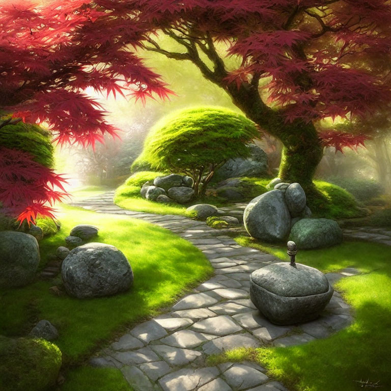 Tranquil garden with stone path, greenery, red maple trees, sunlight.