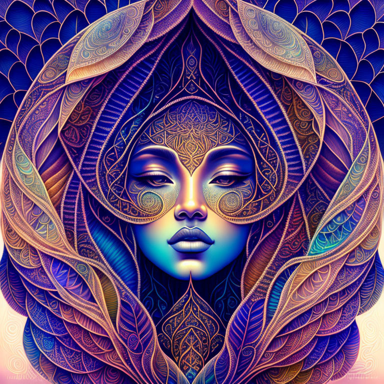 Symmetrical blue female figure with ornate patterns on violet background