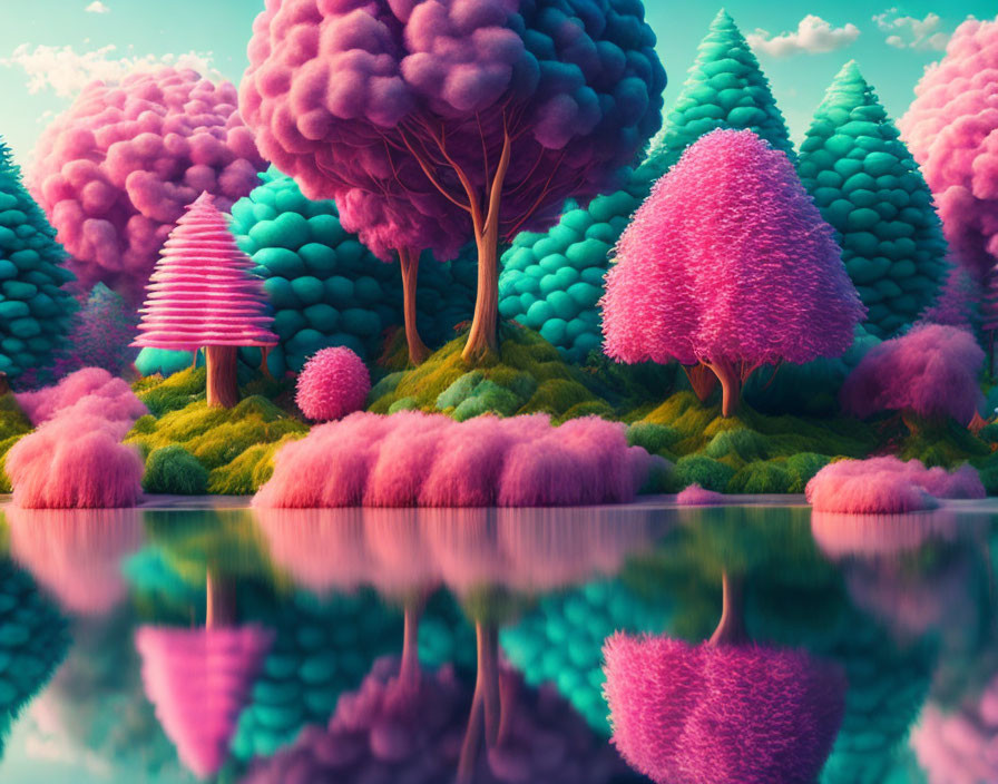 Whimsical landscape with pink and turquoise trees reflecting on water