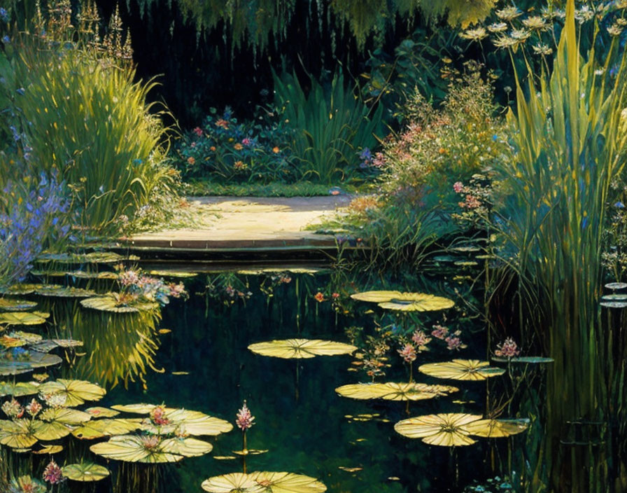 Tranquil pond with lily pads, greenery, flowers, and footbridge