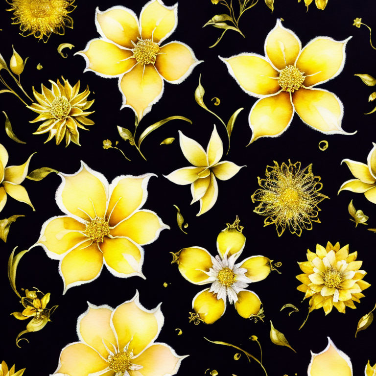 Detailed Floral Pattern of Vibrant Yellow Flowers on Dark Background