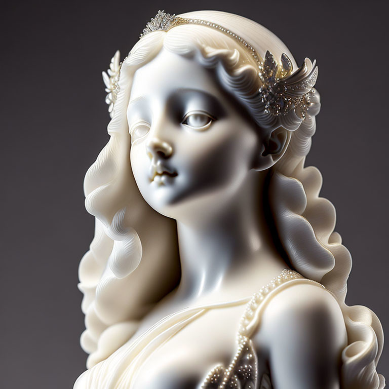 Porcelain bust of a woman with intricate hair ornaments and pearls