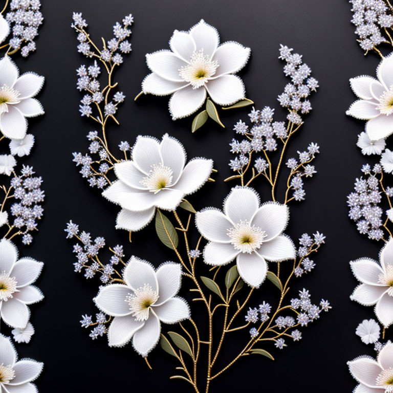 Symmetrical white flowers and delicate branches on dark background