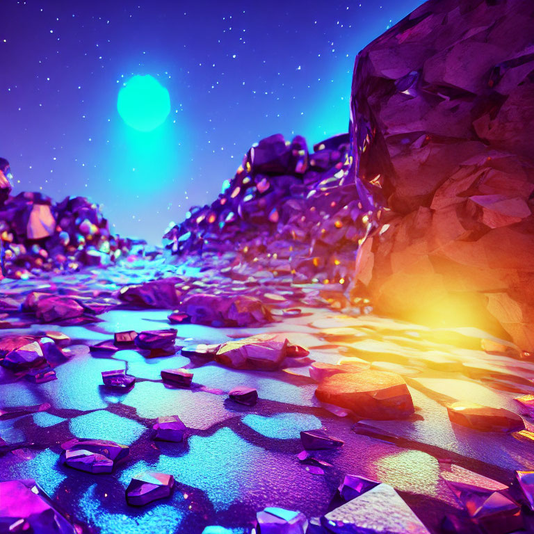 Surreal landscape with purple rocks, blue sun, and orange glow