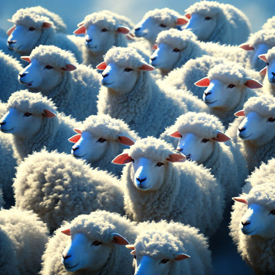 Flock of sheep with thick white and cream wool coats closely packed together