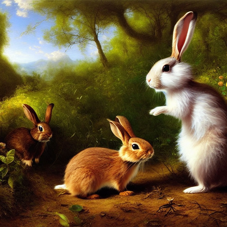 Three rabbits in lush green forest with rolling hills