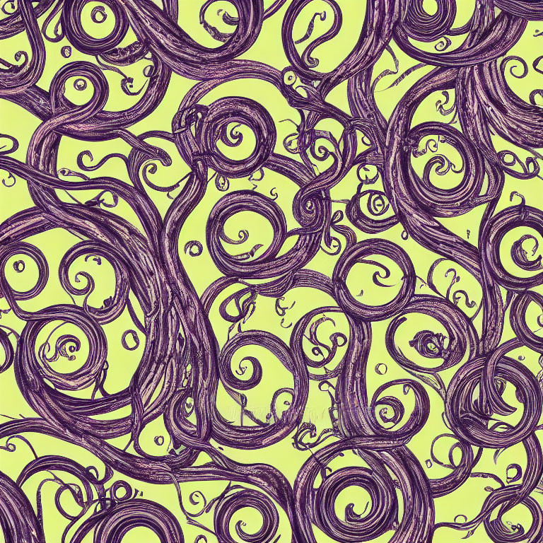 Hand-drawn purple spirals and curls on yellow background