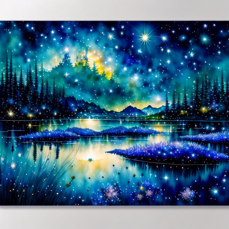 Starry Night Sky Painting Over Lake with Pine Trees