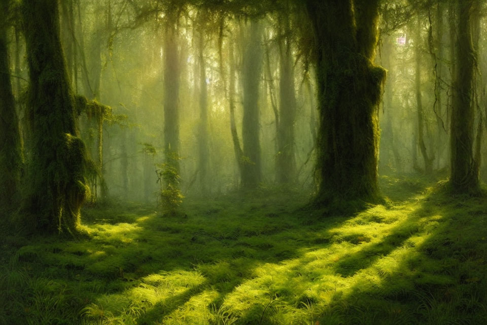 Misty forest scene with sunlight filtering through trees