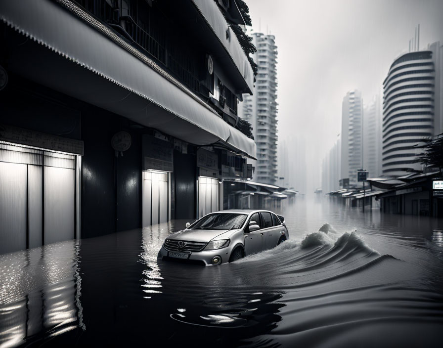 Flooded urban street with closed shops and misty buildings