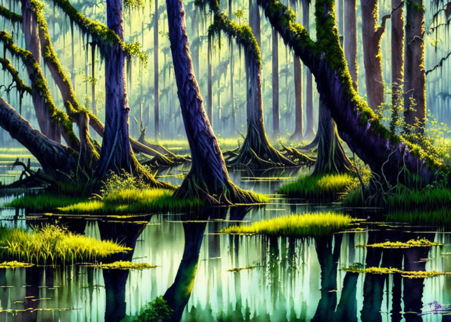 Tranquil swamp forest with moss-covered cypress trees