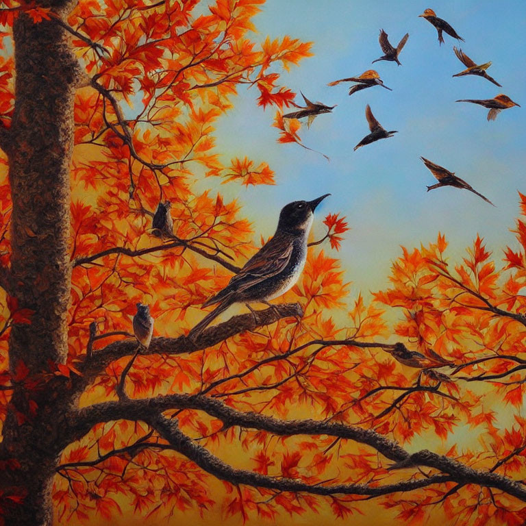 Bird on Branch with Autumn Leaves and Flying Flock in Blue Sky