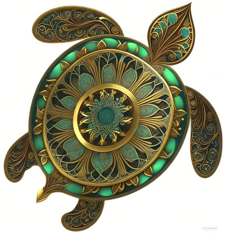 Ornate Turtle Illustration with Mandala Patterns in Gold and Teal