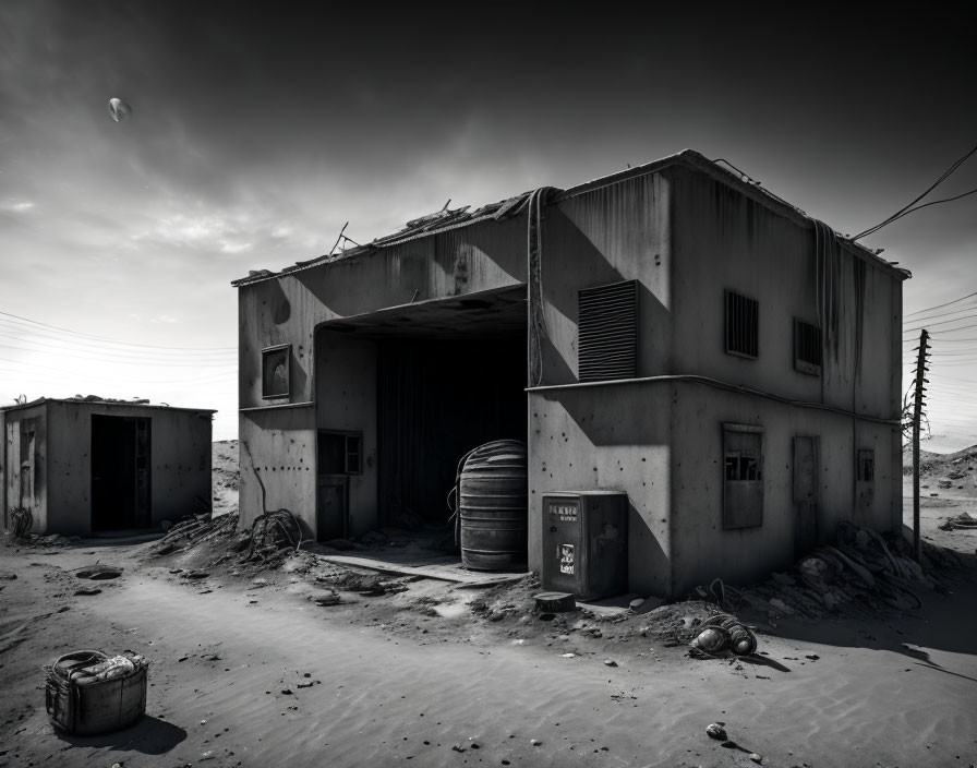 Desolate abandoned building in sandy area under cloudy sky