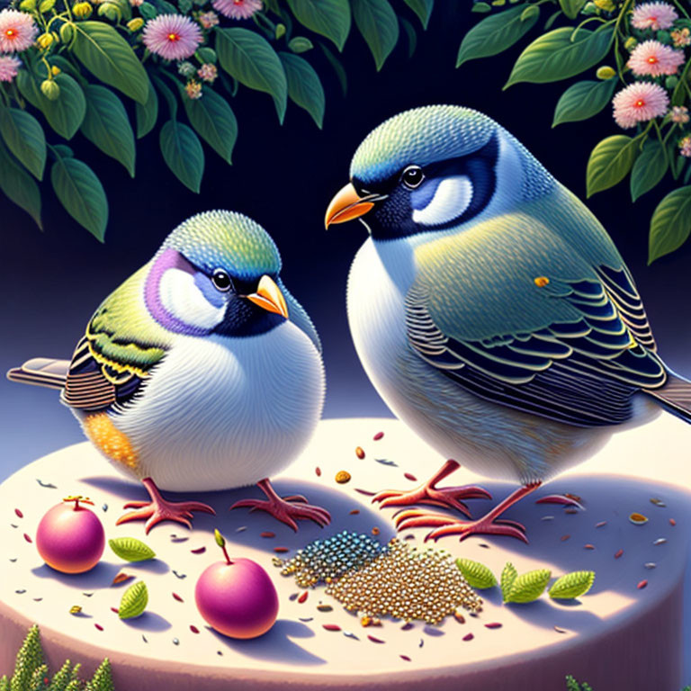 Stylized birds with vibrant plumage on circular base with flowers and berries