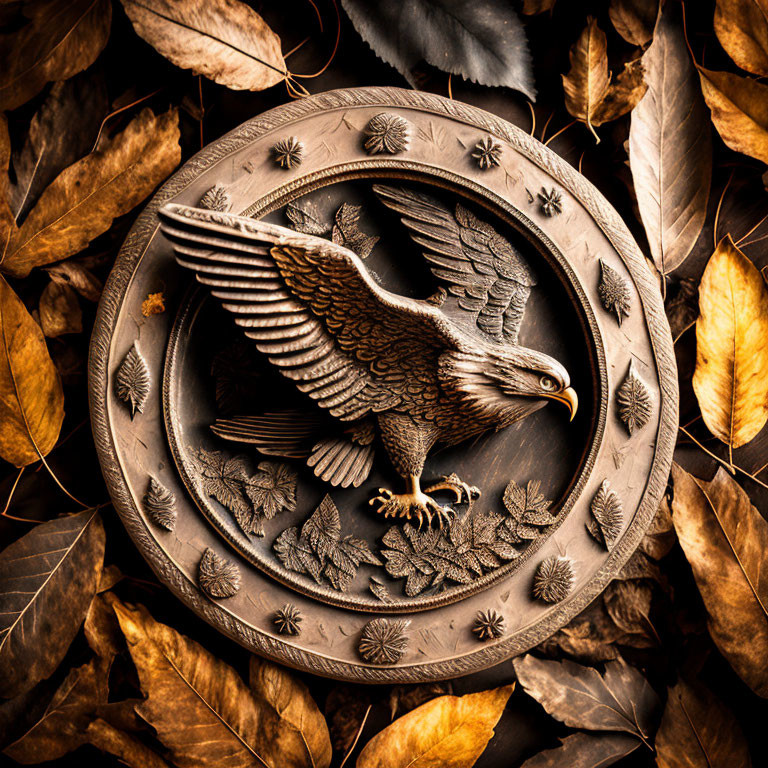 Embossed Metal Plate with Eagle Design and Autumn Leaves