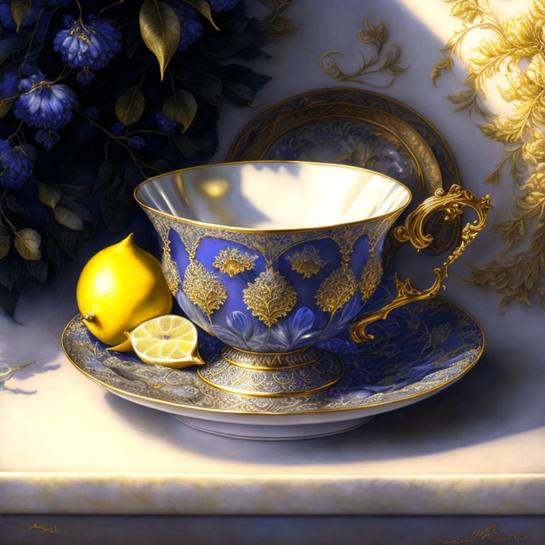 Blue and Gold Ornate Teacup with Lemon Slice and Whole Lemon