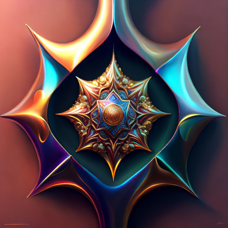 Symmetrical star-like fractal design with metallic textures on warm background