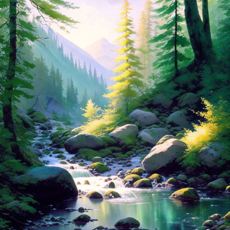 Serene Forest Scene with Brook, Sunlit Trees, and Misty Mountains