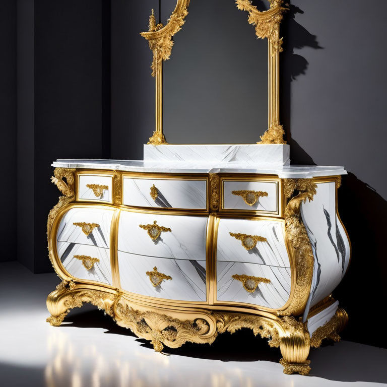 Luxurious White and Gold Baroque-Style Cabinet with Ornate Golden Details