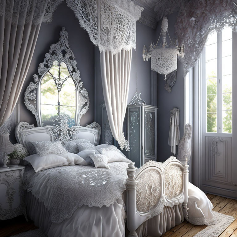 Vintage White Bed with Lace Details and Plush Pillows in Elegant Bedroom