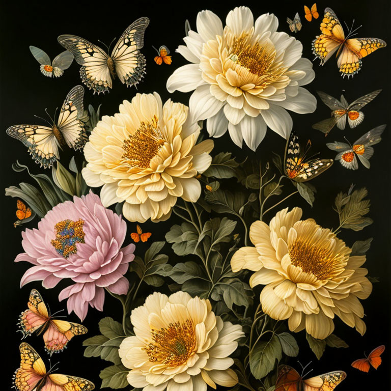 Detailed Pale-Yellow Peonies & Butterflies on Black Background