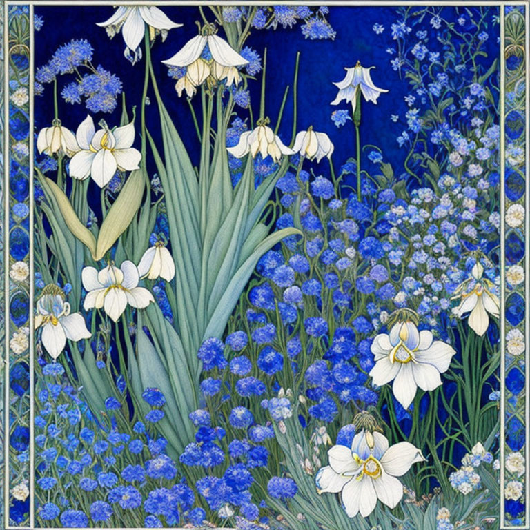 Detailed Illustration of White Lilies and Blue Flowers on Dark Blue Background