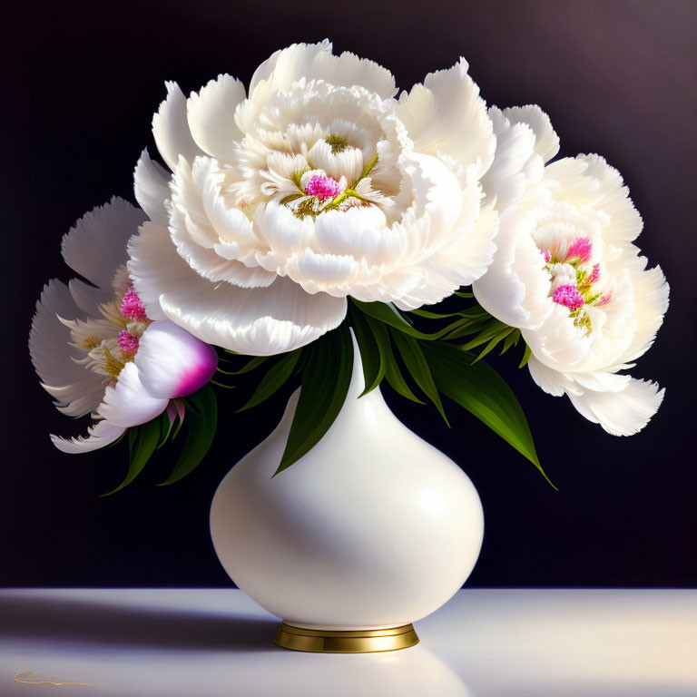 Colorful painting of white peonies in gold vase on dark backdrop