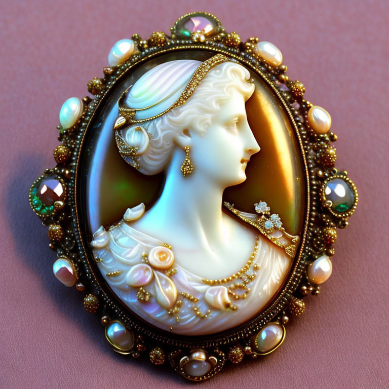 Vintage Cameo Brooch: Woman's Profile in Gold, Pearls, Gems