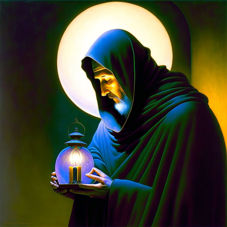 Robed Figure Holding Glowing Lantern Against Luminous Orb