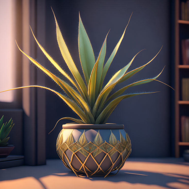 Spiky green potted succulent plant on table with warm lighting